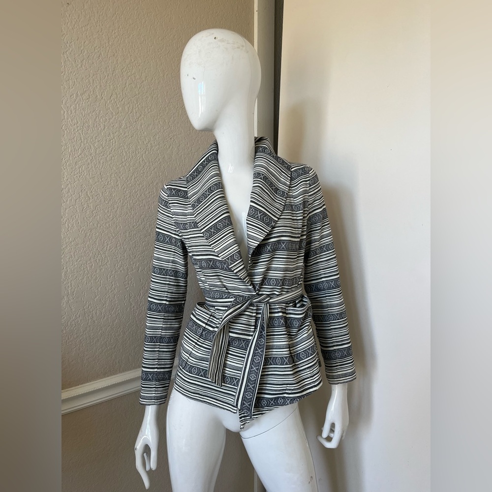 MIA MELON NEW! Navy Blue/Cream Striped Cotton Canvas Belted Cropped Jacket Sz S